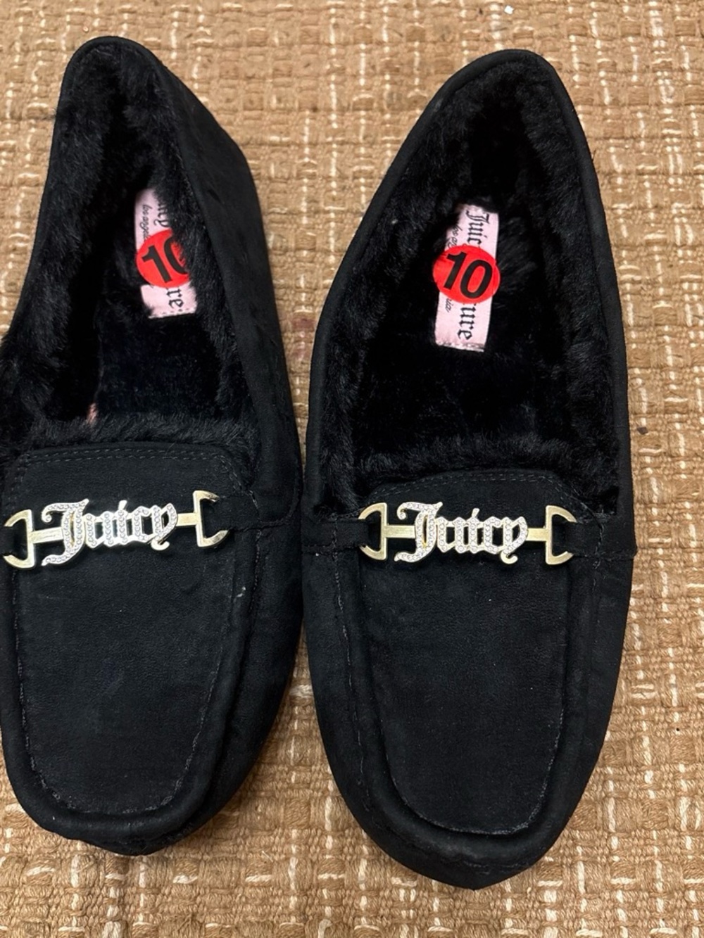 Juicy Couture Black Faux Suede Loafers with Gold Logo